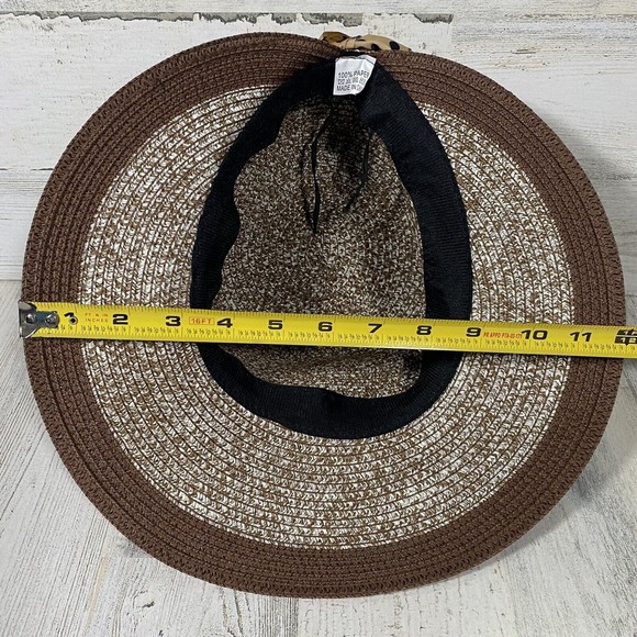 Women's Straw Sun Hat Women's OS Marbled Brown Tan Black Polka Dot Accent Scarf - Picture 6 of 6